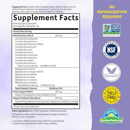 Garden of Life Dr. Formulated Probiotics Mood+ Acidophilus Probiotic Supplement - Promotes Emotional Well-Being, Relaxation and Digestive Balance - Ashwagandha for Stress Management, 60 Veggie Caps