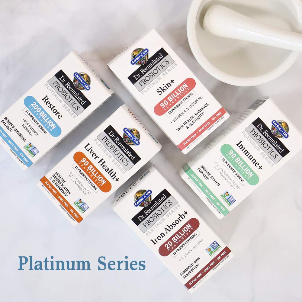 Garden of Life Dr. Formulated Probiotics Platinum Series Restore 200 Billion CFU High Potency Formula, Vegan, Non-GMO, Gluten, Dairy & Soy Free Digestive Immune Probiotic Support, 28 Capsules
