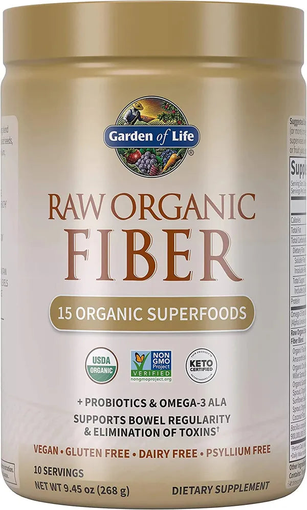 Garden of Life Fiber Supplement, Raw Organic Fiber Powder - 30 Servings, 15 Organic Superfoods, Probiotics and Omega-3 ALA, 4g Soluble Fiber, 5g Insoluble Fiber for Regularity, Psyllium Free Fiber