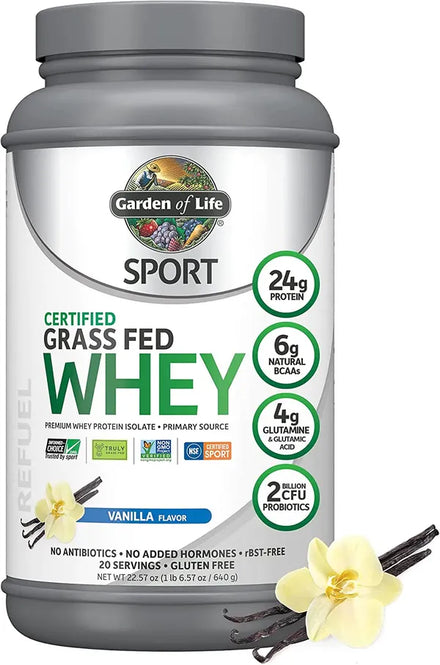 Garden of Life Sport Whey Protein Powder Vanilla, Premium Grass Fed Whey Protein Isolate Plus Probiotics for Immune System Health, 24g Protein, Non GMO, Gluten Free, Cold Processed - 20 Servings