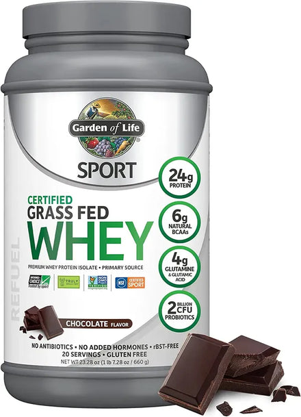 Garden of Life Sport Whey Protein Powder Vanilla, Premium Grass Fed Whey Protein Isolate Plus Probiotics for Immune System Health, 24g Protein, Non GMO, Gluten Free, Cold Processed - 20 Servings