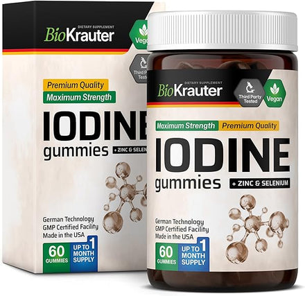 Iodine Supplements Gummies - Organic Potassium Iodide 250 mcg with Zinc & Selenium - Complex Thyroid Support - 60 Vegan Apple Flavour, Pectin-Based Chews in Pakistan