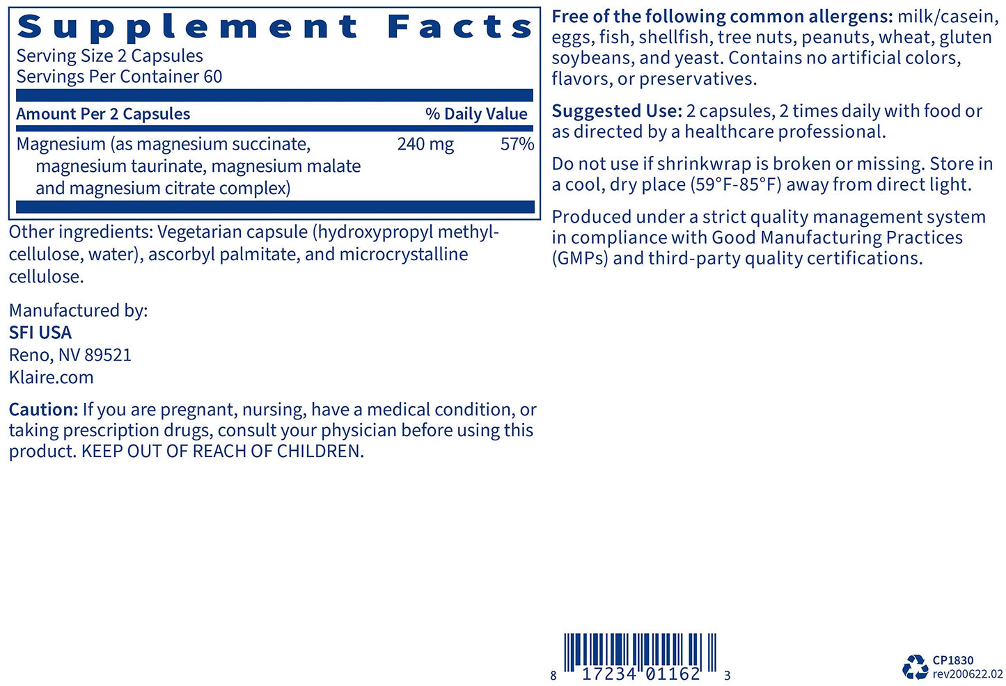 Klaire Labs Mag Complete - Premium Magnesium Complex with Four Bioavailable Forms of Magnesium - Magnesium Supplement with Succinate, Taurinate, Malate & Aspartate (120 Capsules)