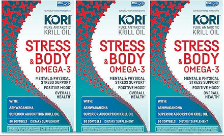 Kori Stress & Body Adaptogen Supplement - Krill Oil & Ashwagandha/Omega-3 Fatty Acids for Heart, Brain, Eye, & Joint Health/Occasional Stress, Mood, & Sleep Support / 80 softgels (Pack of 3) in Pakistan