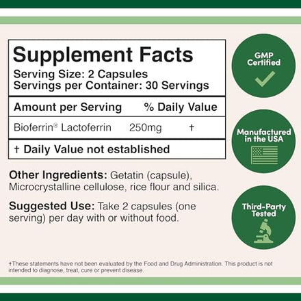 Lactoferrin 250mg per Serving (60 Capsules) Patented Bioferrin Lactoferrin Supplement in Pakistan