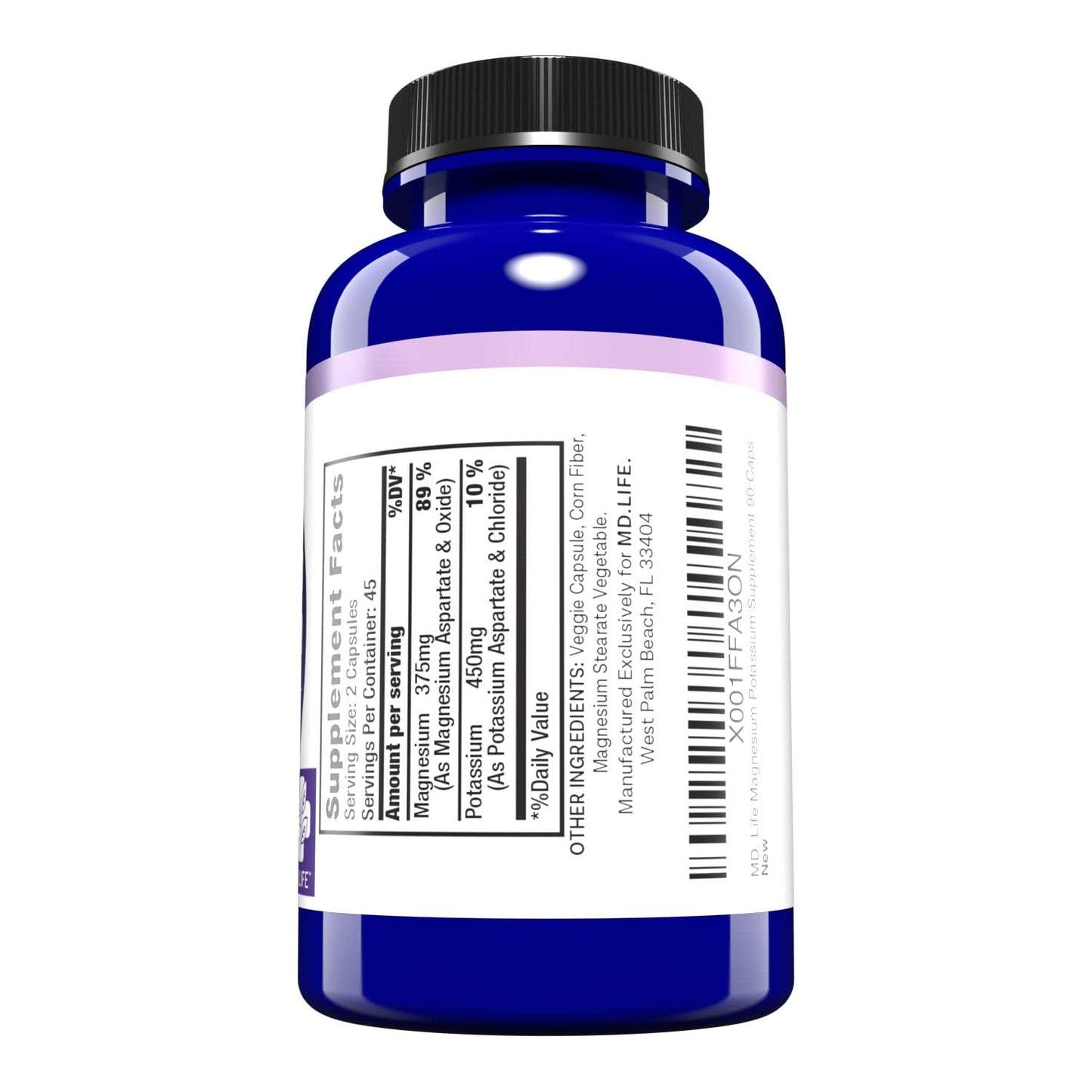 MD. Life Magnesium Potassium Supplement - 90 Capsules - High Absorption Magnesium Complex to Support Vascular Health & Leg Cramp 90cts