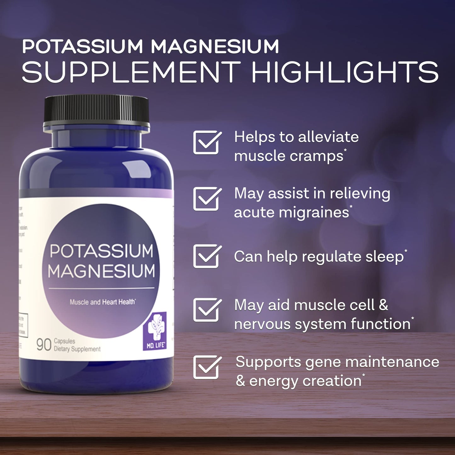 MD. Life Magnesium Potassium Supplement - 90 Capsules - High Absorption Magnesium Complex to Support Vascular Health & Leg Cramp 90cts