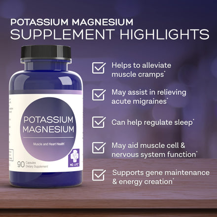 MD. Life Magnesium Potassium Supplement - 90 Capsules - High Absorption Magnesium Complex to Support Vascular Health & Leg Cramp 90cts