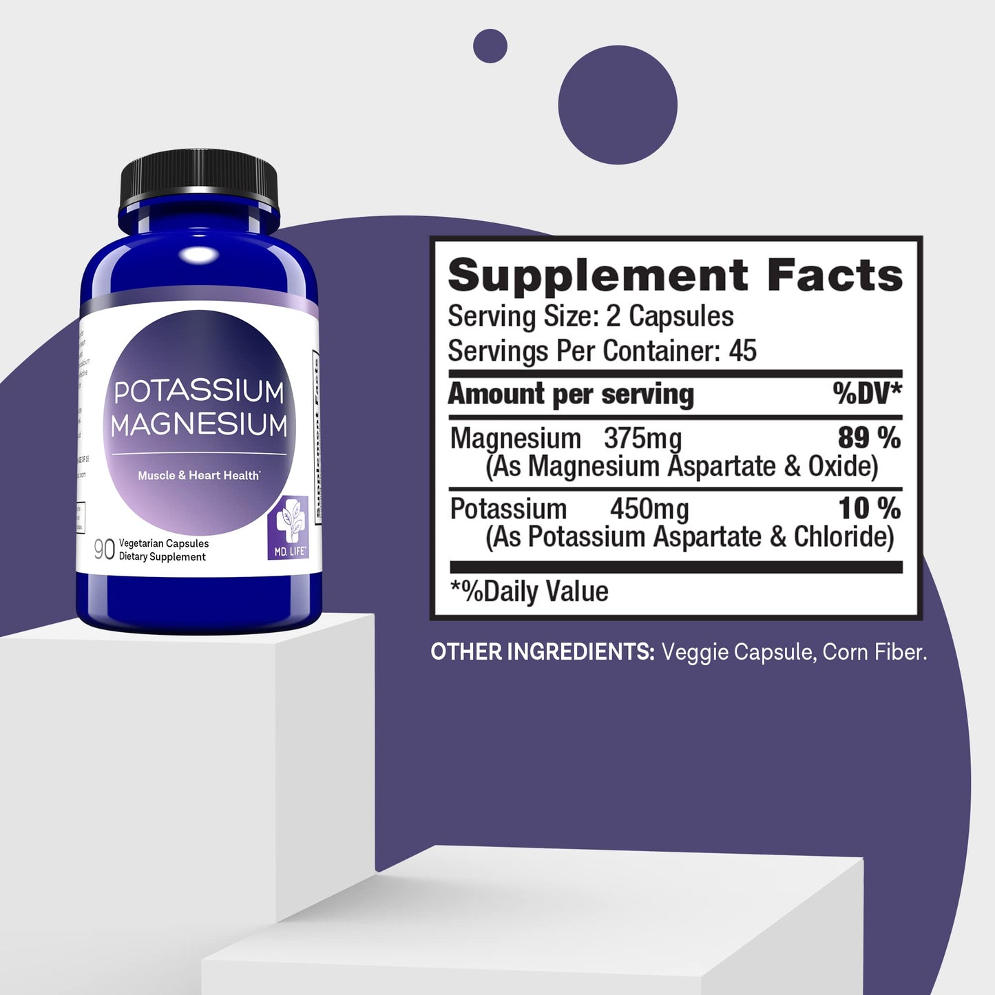 MD. Life Magnesium Potassium Supplement - 90 Capsules - High Absorption Magnesium Complex to Support Vascular Health & Leg Cramp 90cts