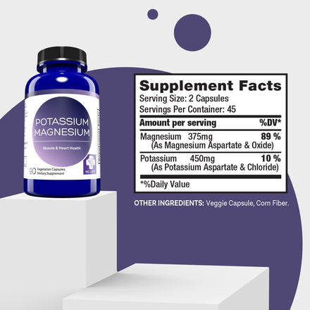 MD. Life Magnesium Potassium Supplement - 90 Capsules - High Absorption Magnesium Complex to Support Vascular Health & Leg Cramp 90cts