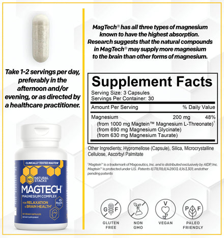 MagTech Magnesium Supplement - Chelated Magnesium Complex - 3 Forms of Magnesium: Magtein Magnesium L-Threonate, Glycinate & Taurate - Supports Relaxation & Brain Health, 90 Magnesium Capsules