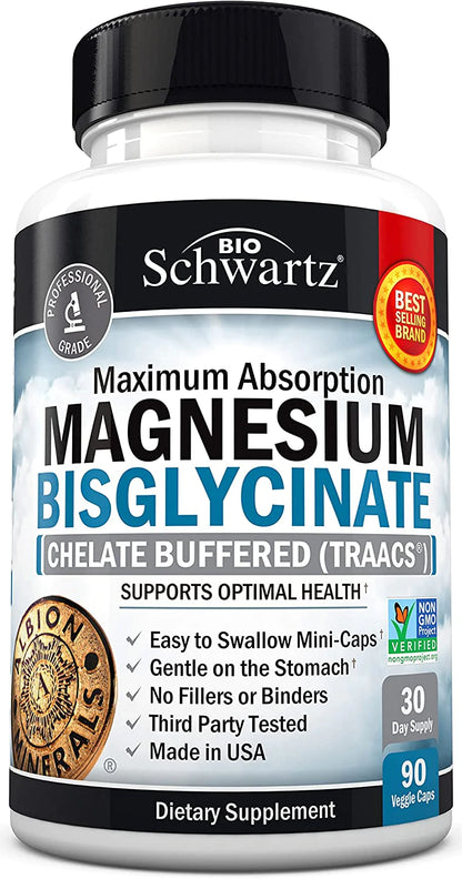 Magnesium Bisglycinate 100% Chelate No-Laxative Effect - Maximum Absorption & Bioavailability, Fully Reacted & Buffered - Healthy Energy Muscle Bone & Joint Support - Non-GMO Project Verified - 90ct