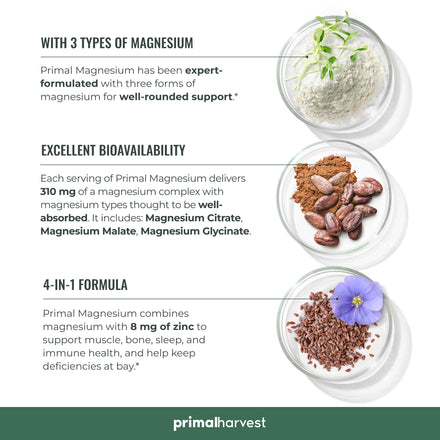 Magnesium Supplement Complex 310mg by Primal Harvest with Magnesium Glycinate, Citrate, Malate, and Zinc 120 Capsules