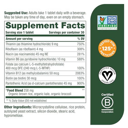 MegaFood Balanced B Complex - B Complex Vitamin Supplement Helps Support Cellular Energy - Vitamin B12, Vitamin B6 & Folate, - Vegan, Kosher, Non GMO - Made Without 9 Food Allergens - 30 Tabs
