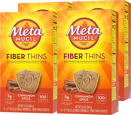 Metamucil Fiber Thins, Psyllium Husk Fiber Supplement, Digestive Health Support and Satisfy Hunger, Cinnamon Spice Flavored, 12 Servings (Pack of 4)