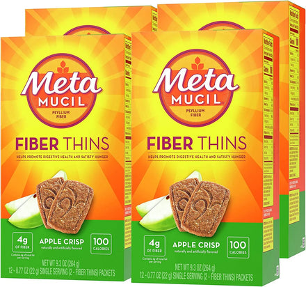 Metamucil Fiber Thins, Psyllium Husk Fiber Supplement, Digestive Health Support and Satisfy Hunger, Cinnamon Spice Flavored, 12 Servings (Pack of 4)