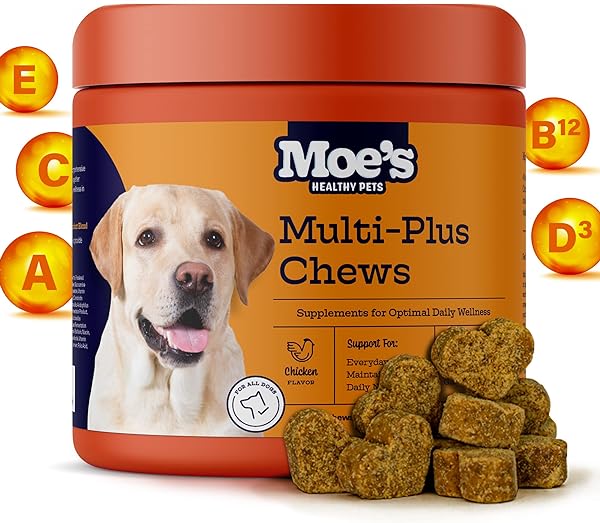 Moe’s 5-in-1 Essential Dog Multivitamin -Supports Dog's Heart, Immunity, Skin, Coat, & Overall Health- Vitamins A, B12, C, D, E, Antioxidants, Omega 3- for All Ages & Breeds- 90 Chicken Flavored Chews in Pakistan in Pakistan