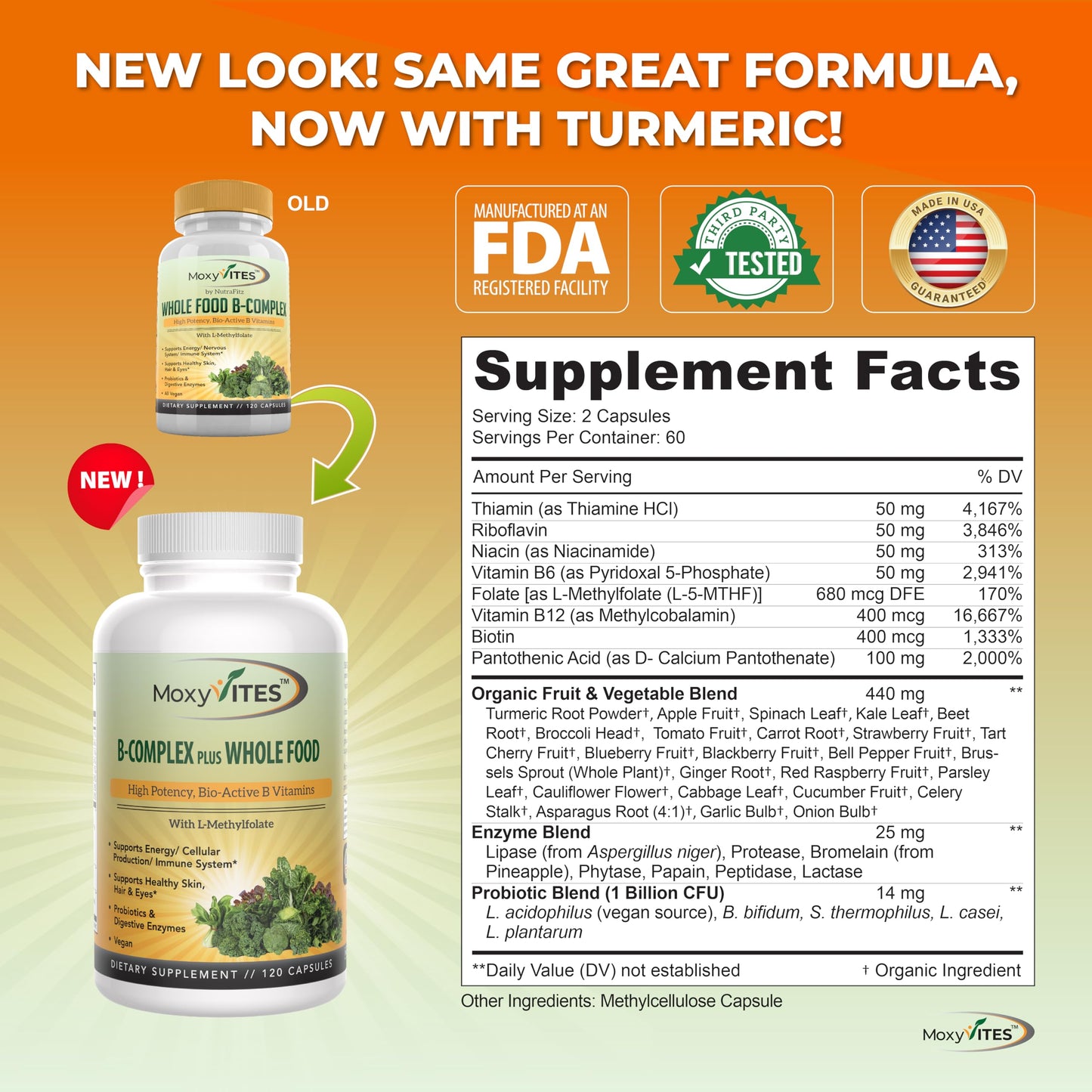 MoxyVites Vitamin B Complex - B Vitamins Whole Food Supplement, B12 Methylcobalamin, B1, B2, B3, B5, B6, B7, B9 - for Stress, Energy and Immune Support, Vegan, 120 Capsules