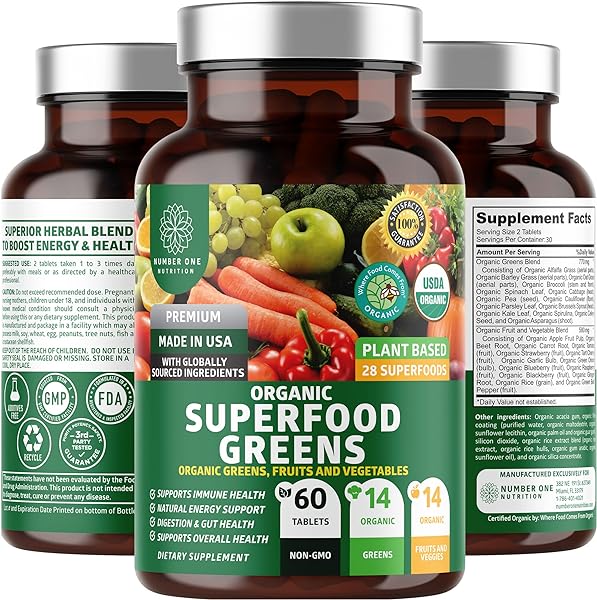 N1N Premium Organic Superfood Greens [28 Powerful Ingredients] Natural Fruit and Veggie Supplement with Alfalfa, Beet Root and Ginger to Boost Energy, Immunity and Gut Health, Made in USA, 60 Ct in Pakistan in Pakistan