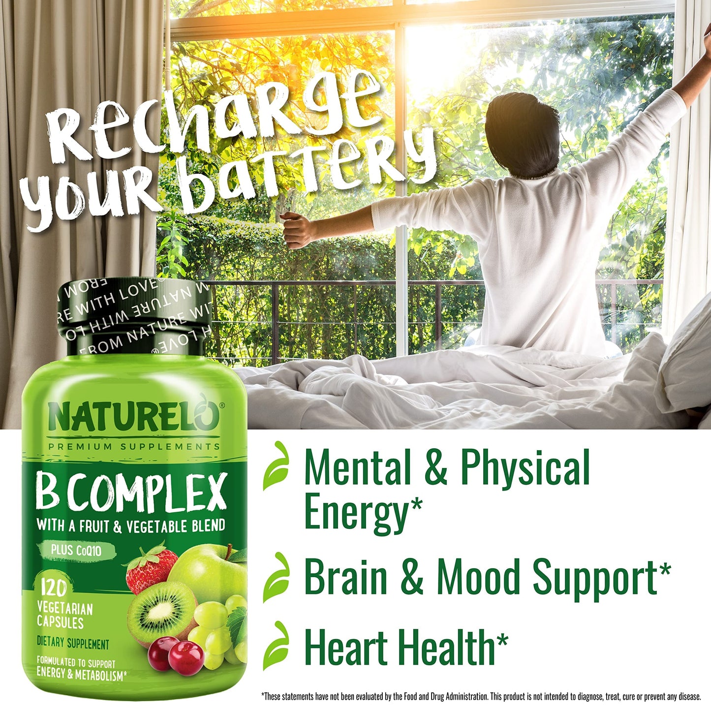 NATURELO Vitamin B Complex with Methyl B12, Methyl Folate, Vitamin B6, Biotin Plus Choline, CoQ10, and Fruit & Vegetable Blend - Supports Energy & Healthy Stress Response - Vegan - 120 Capsules