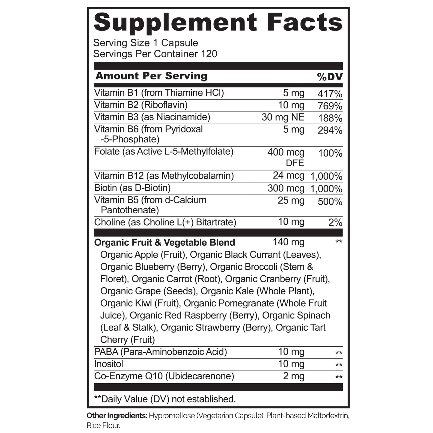 NATURELO Vitamin B Complex with Methyl B12, Methyl Folate, Vitamin B6, Biotin Plus Choline, CoQ10, and Fruit & Vegetable Blend - Supports Energy & Healthy Stress Response - Vegan - 120 Capsules