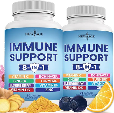 NEW AGE 8 in 1 Immune Support Booster Supplement with Echinacea, Vitamin C and Zinc 50mg, Vitamin D 5000 IU, Turmeric Curcumin & Ginger, B6, Elderberry 120 Count (Pack of 2) in Pakistan