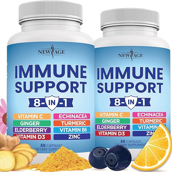 NEW AGE 8 in 1 Immune Support Booster Supplement with Echinacea, Vitamin C and Zinc 50mg, Vitamin D 5000 IU, Turmeric Curcumin & Ginger, B6, Elderberry 120 Count (Pack of 2) in Pakistan in Pakistan