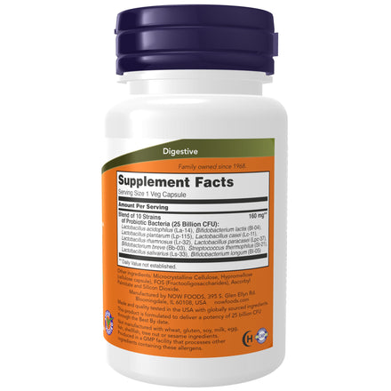 NOW Supplements, Probiotic-10™, 25 Billion, with 10 Probiotic Strains, Dairy, Soy and Gluten Free, Strain Verified, 50 Veg Capsules