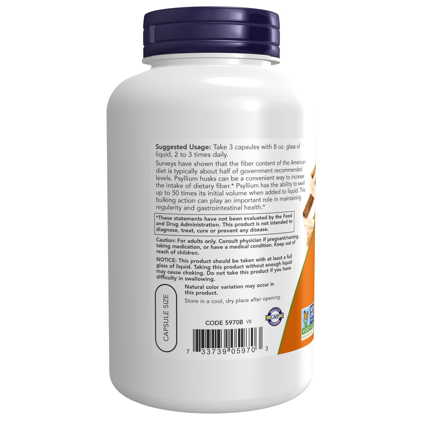 NOW Supplements, Psyllium Husk Caps 500 mg, Non-GMO Project Verified, Natural Soluble Fiber, Intestinal Health*, 200 Veg Capsules