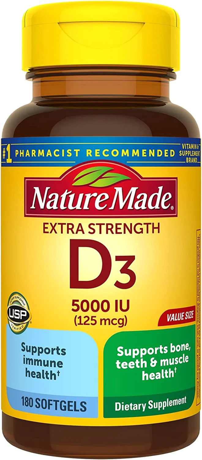 Nature Made Extra Strength Vitamin D3 5000 IU (125 mcg), Dietary Supplement for Bone, Teeth, Muscle and Immune Health Support, 180 Softgels, 180 Day Supply