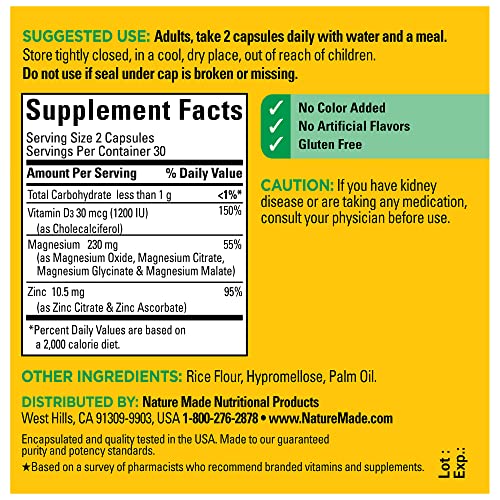 Nature Made Magnesium Complex with Vitamin D and Zinc Supplements for Muscle, Nerve, Heart & Bone Support with Vitamin D3 & Zinc for Immune Support, 60 Capsules, 30 Day Supply