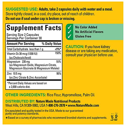 Nature Made Magnesium Complex with Vitamin D and Zinc Supplements for Muscle, Nerve, Heart & Bone Support with Vitamin D3 & Zinc for Immune Support, 60 Capsules, 30 Day Supply
