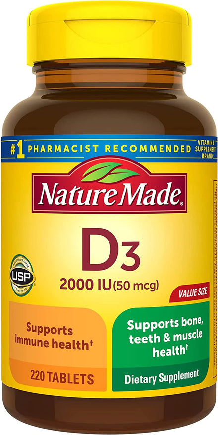 Nature Made Vitamin D3 2000 IU (50 mcg), Dietary Supplement for Bone, Teeth, Muscle and Immune Health Support, 220 Tablets, 220 Day Supply