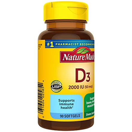 Nature Made Vitamin D3 2000 IU (50 mcg), Dietary Supplement for Bone, Teeth, Muscle and Immune Health Support, 90 Softgels, 90 Day Supply