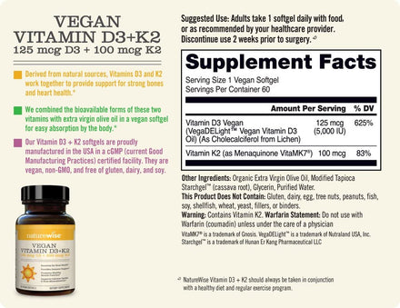 NatureWise Vegan Vitamin D3 5000iu (125 mcg) + Vitamin K2 (100mcg VitaMK7) Healthy Muscle Function, and Immune Support, Non-GMO, Gluten Free in Cold-Pressed Olive Oil
