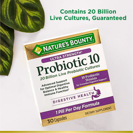 Nature’s Bounty Probiotic 10, Ultra Strength Daily Probiotic Supplement, Support for Digestive, Immune and Upper Respiratory Health, 1 Pack, 30 Capsules
