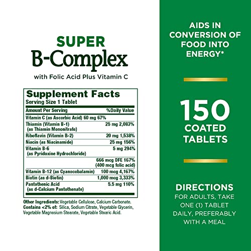 Nature's Bounty Super B Complex with Vitamin C & Folic Acid, Immune & Energy Support, 150 tablets