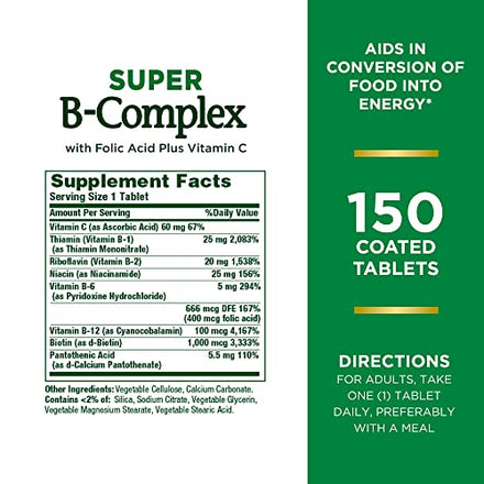 Nature's Bounty Super B Complex with Vitamin C & Folic Acid, Immune & Energy Support, 150 tablets