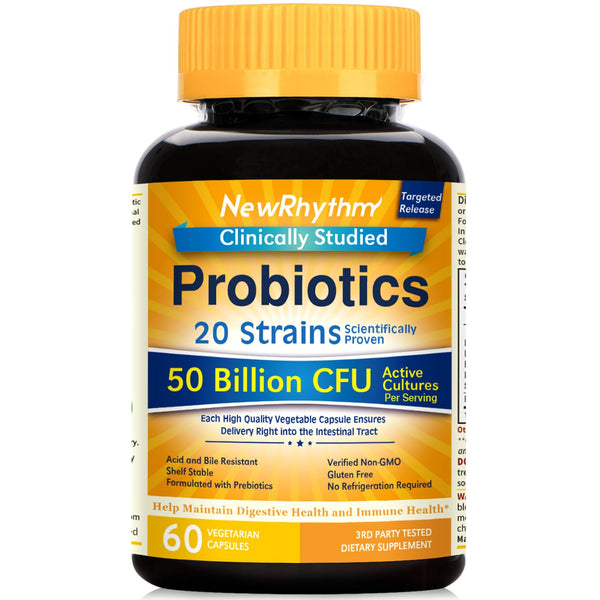 NewRhythm Probiotics 50 Billion CFU 20 Strains, 60 Veggie Capsules, Targeted Release Technology, Stomach Acid Resistant, No Need for Refrigeration, Non-GMO, Gluten Free in Pakistan