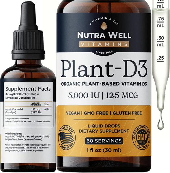 Nutra Well Vitamins D3 Liquid - 60 Serving Plant Based Liquid Vitamin D Drops for Strong Bones - D3 Vitamins for Men & Women Immune Support, Mood & Brain Health - Vitamin D3 5000 IU Energy Supplements in Pakistan