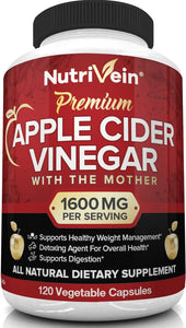 Nutrivein Apple Cider Vinegar Capsules with Mother - 1600mg - 120 Vegan Pills - Supports Healthy Weight Loss, Diet, Detox, Digestion, Keto, Cleanser - Best Supplement for Immune System - ACV Raw