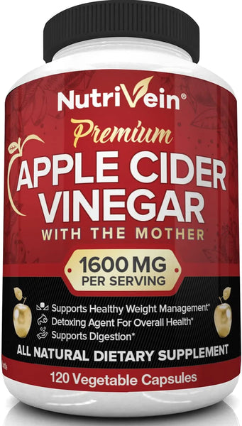 Nutrivein Apple Cider Vinegar Capsules with Mother - 1600mg - 120 Vegan Pills - Supports Healthy Weight Loss, Diet, Detox, Digestion, Keto, Cleanser - Best Supplement for Immune System - ACV Raw in Pakistan