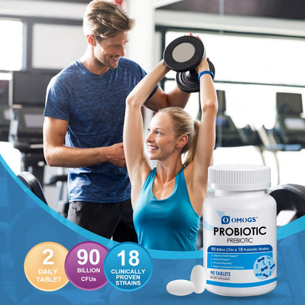 OMOGS Probiotics 90 Billion CFUs 18 Strains,with 3 Organic Prebiotic, Probiotics Supplement for Women,Men & Kids,Support Metabolism,Immunity and Digestive Health,Non-GMO & Gluten Free,90 Tablets