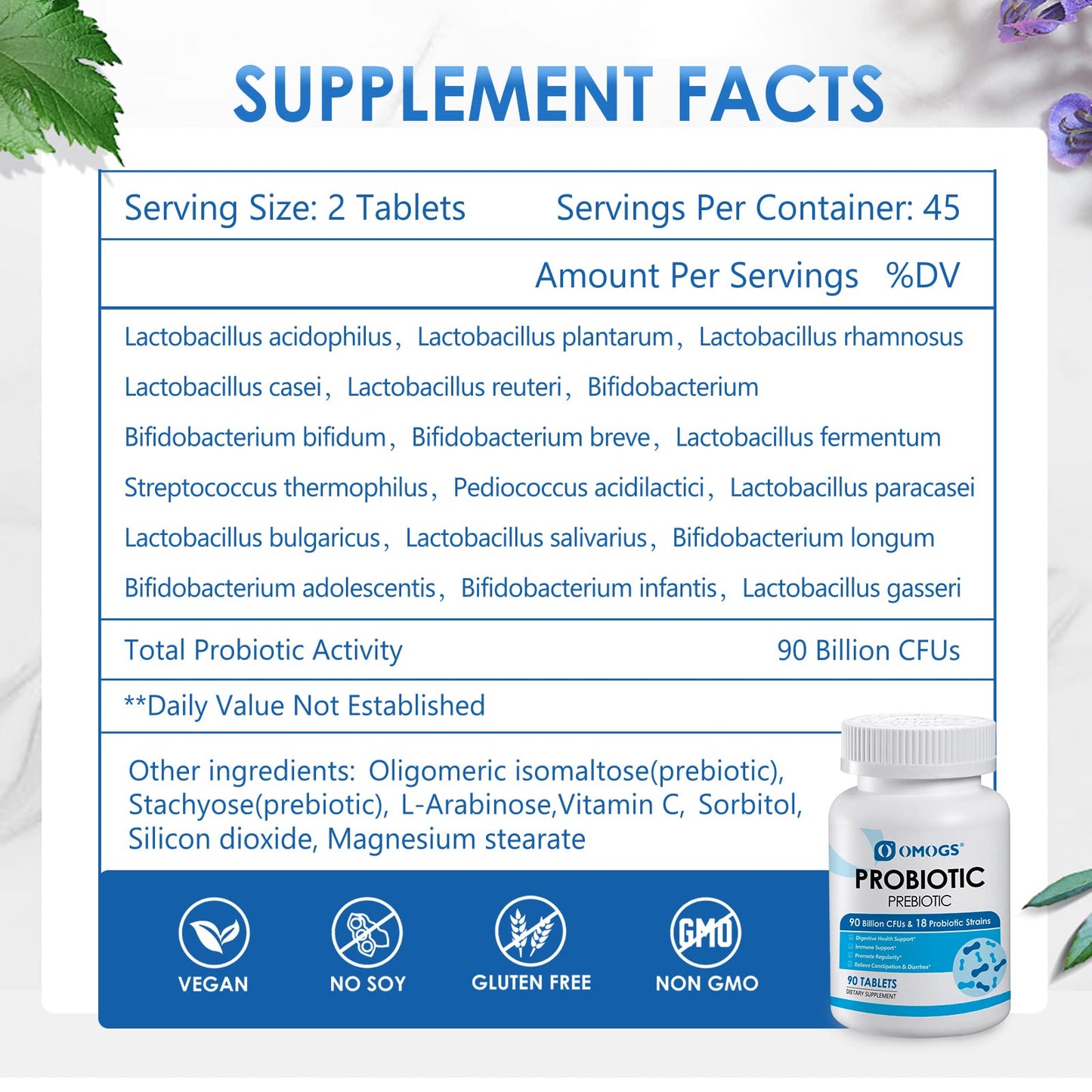OMOGS Probiotics 90 Billion CFUs 18 Strains,with 3 Organic Prebiotic, Probiotics Supplement for Women,Men & Kids,Support Metabolism,Immunity and Digestive Health,Non-GMO & Gluten Free,90 Tablets