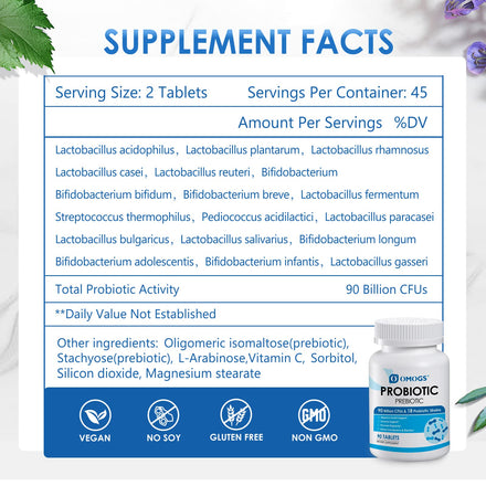 OMOGS Probiotics 90 Billion CFUs 18 Strains,with 3 Organic Prebiotic, Probiotics Supplement for Women,Men & Kids,Support Metabolism,Immunity and Digestive Health,Non-GMO & Gluten Free,90 Tablets