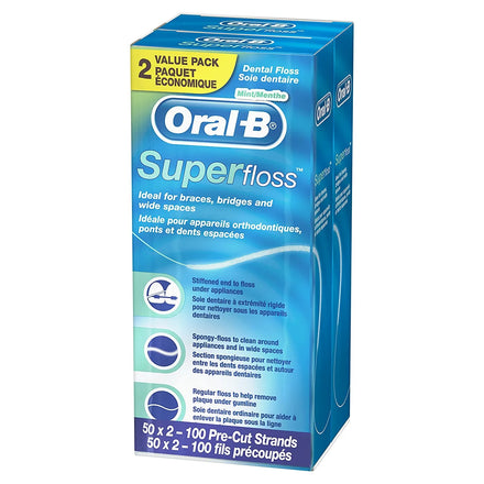 Oral-B Dental Floss for Braces, Super Floss Pre-Cut Strands, Mint, 50 Count, Pack of 2