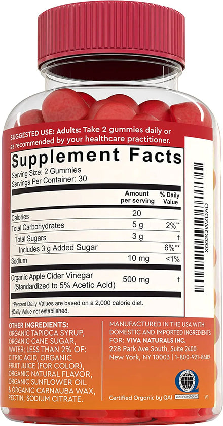 Organic Apple Cider Vinegar Gummies (60 Gummies) - ACV Gummies with The Mother, Supports Healthy Digestion & Provides Antioxidant-Like Support, Crisp Apple Flavor