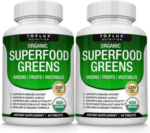 Organic Super Greens Capsules Superfood Fruit Veggie Supplement - 28 Powerful Natural Ingredients with Alfalfa, Beet Root, Tart Cherry & Ginger for Immune & Energy Support, for Men Women, 60 Tablets