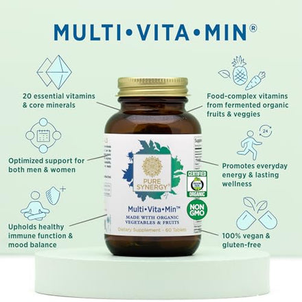 PURE SYNERGY Multi·Vita·Min | Vegan Multivitamin Made with Organic Whole Foods | Twice Daily Supplement for Men and Women | Core Nutrients for Energy, Mood, Immune, and Bone Health (60 Tablets)