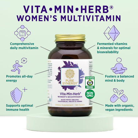 PURE SYNERGY Vita·Min·Herb for Women | Women’s Comprehensive Multivitamin Supplement | Made with Organic Whole Food Non-GMO & Vegan Ingredients | Supports Energy & Immune Health (120 Tablets)